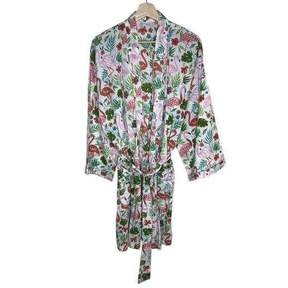 Mahogany Flamingo Floral Print Cotton Robe Multicolor Size L Tropical Maximalist - Picture 1 of 9